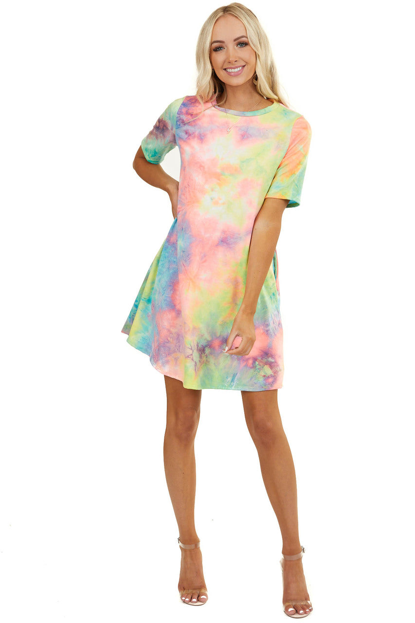 Multicolor Tie Dye Short Sleeve Dress with Side Pockets 