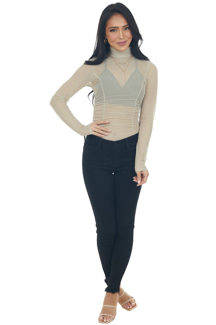 Taupe Long Sleeve Ruched Bodycon Bodysuit