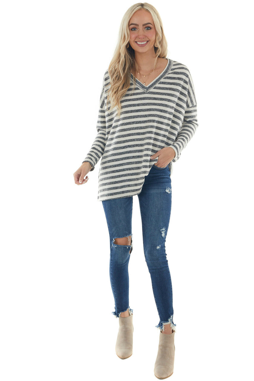 Ivory and Charcoal Striped Oversized Knit Top