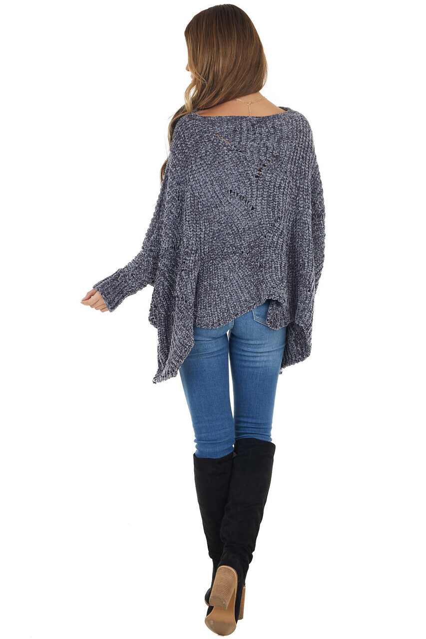 Slate Blue Chenille Knit Sweater with Long Dolman Sleeves
