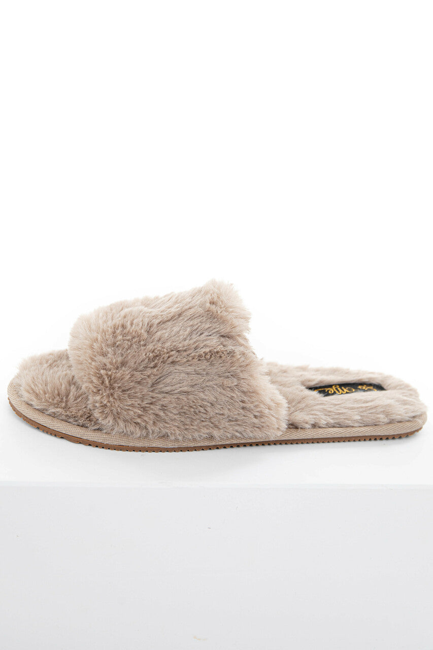 Taupe Fuzzy Faux Fur Slipper with Foam Sole