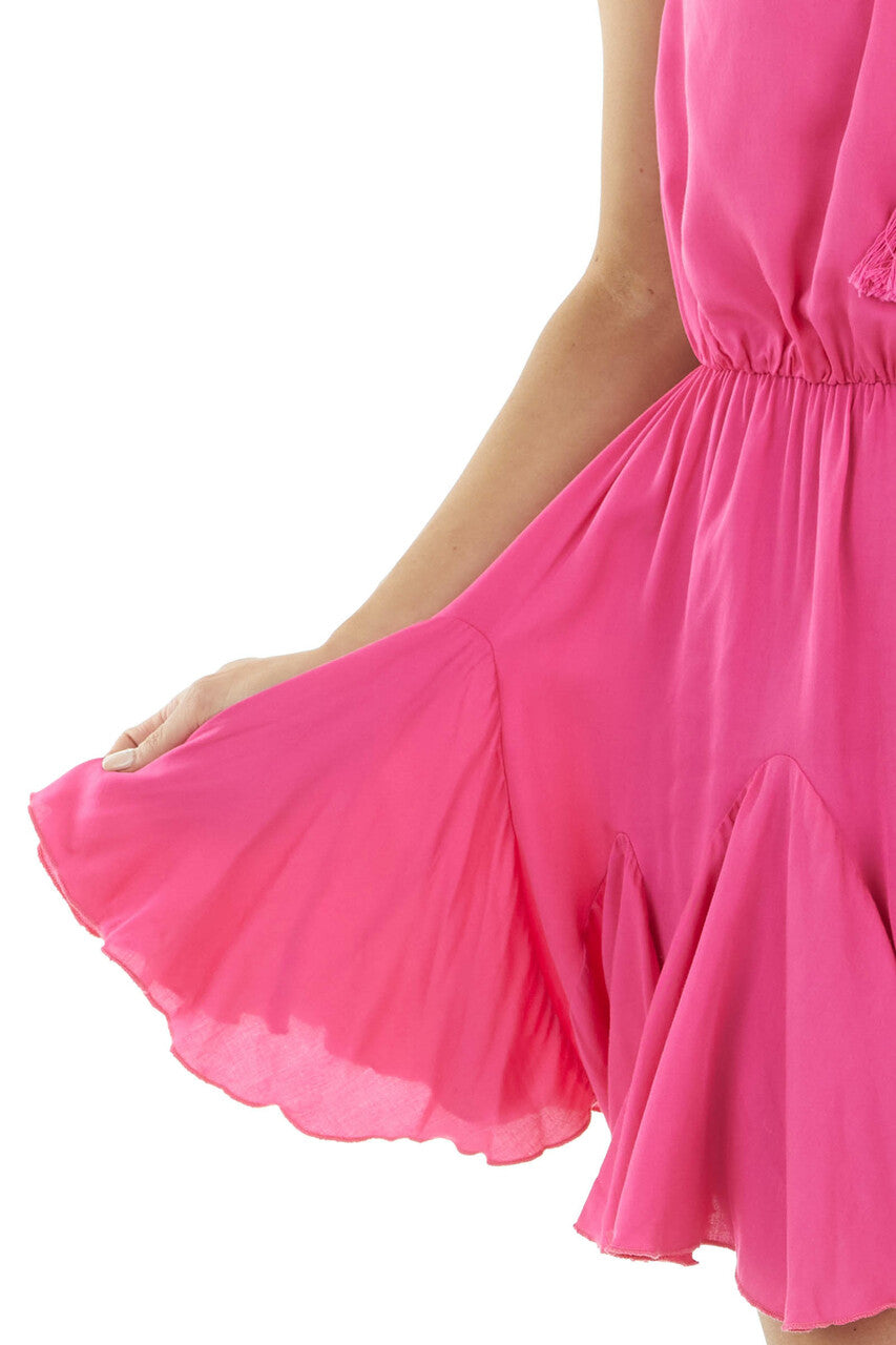 Hot Pink Strapless Woven Short Dress with Flowy Ruffle Hem
