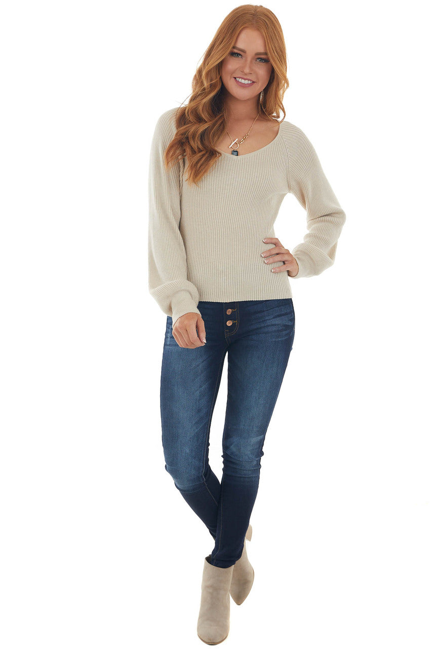 Beige Ribbed Knit Top with Bubble Sleeves