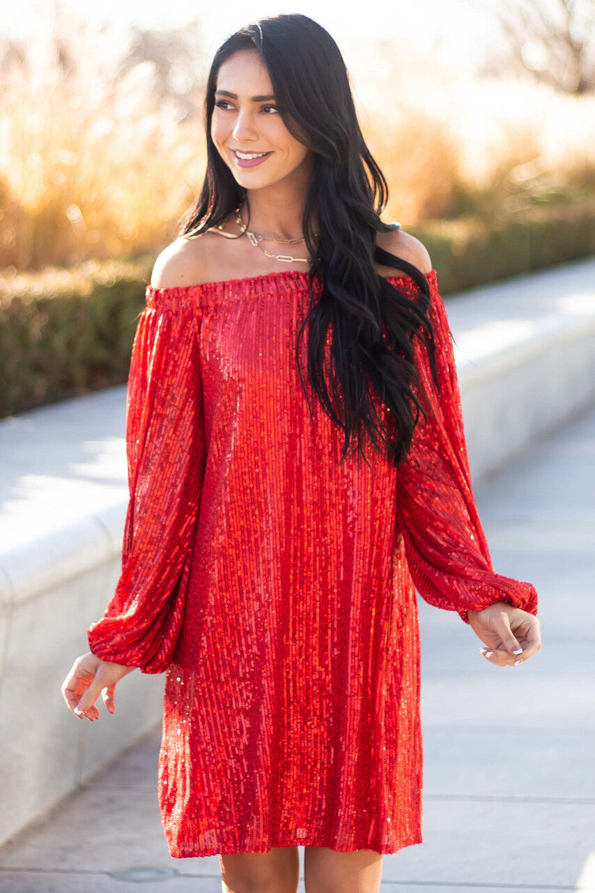 Lipstick Red Sequin Off Shoulder A Line Dress 