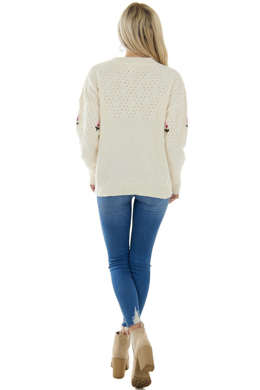 Cream Sweater with Embroidered Flower Detail
