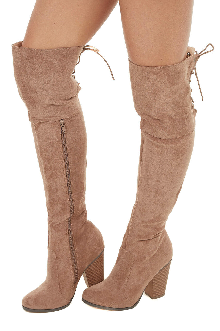 Taupe Over the Knee High Boots with Lace Up Back Detail