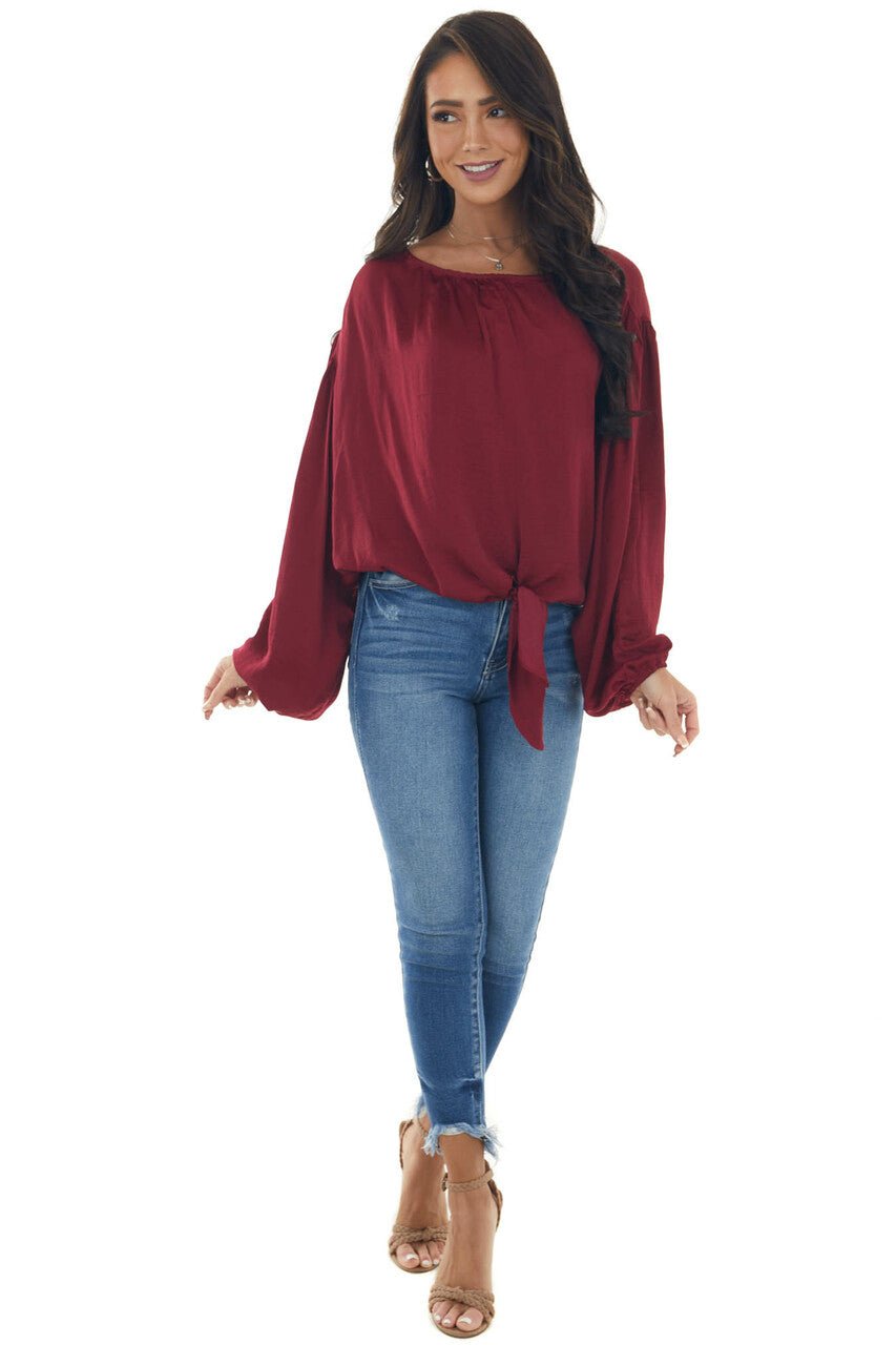Maroon Bubble Sleeve Blouse with Tie Detail 