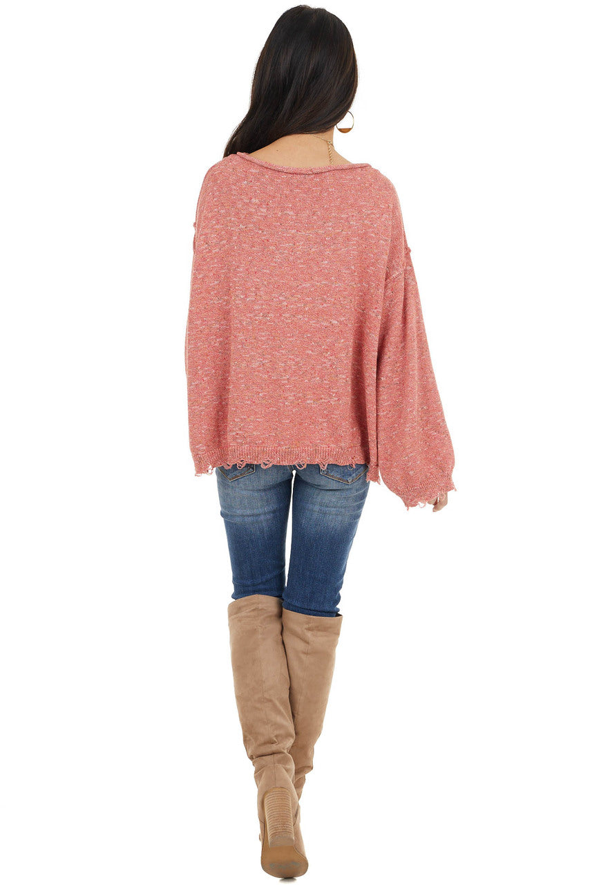Faded Red Multicolor Long Sleeve Distressed Sweater