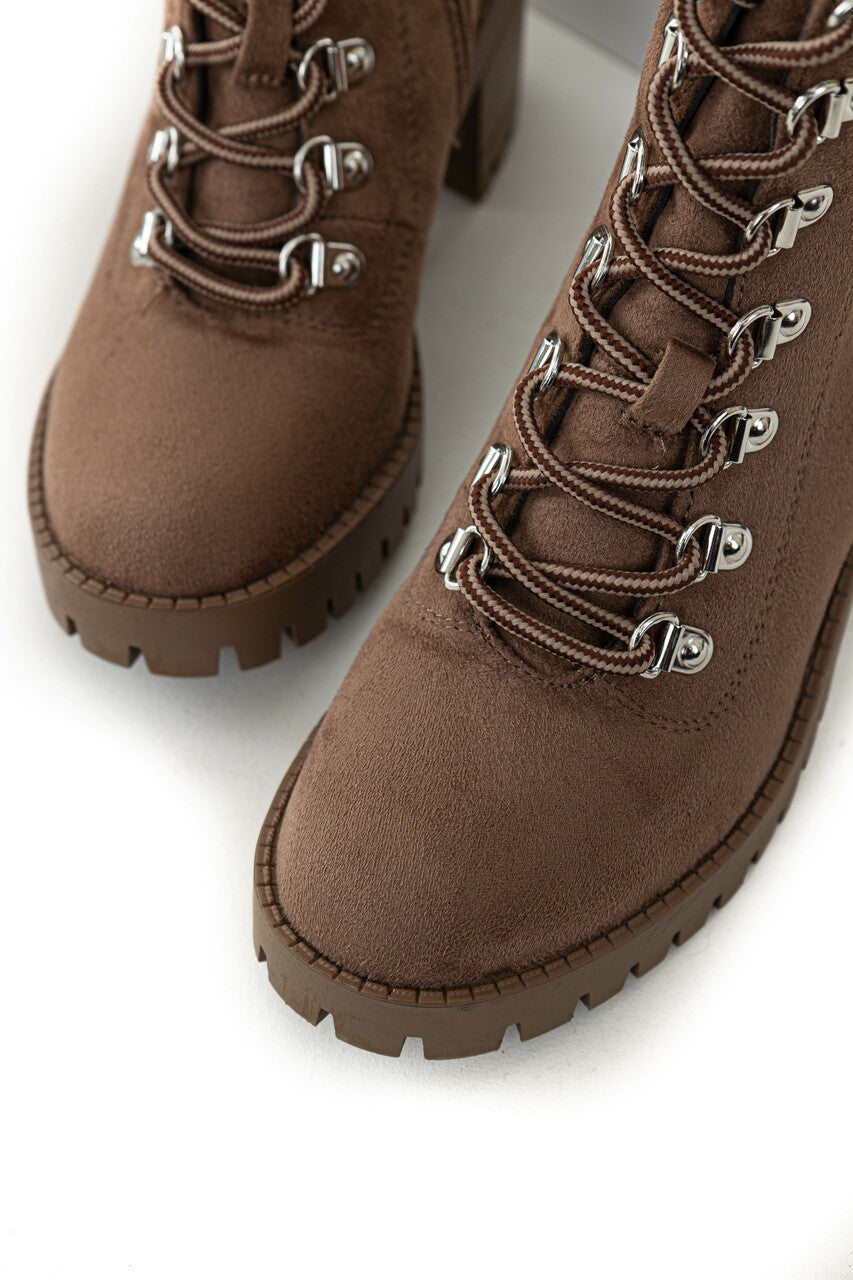 Taupe Faux Suede Lace Up Heeled Lug Booties