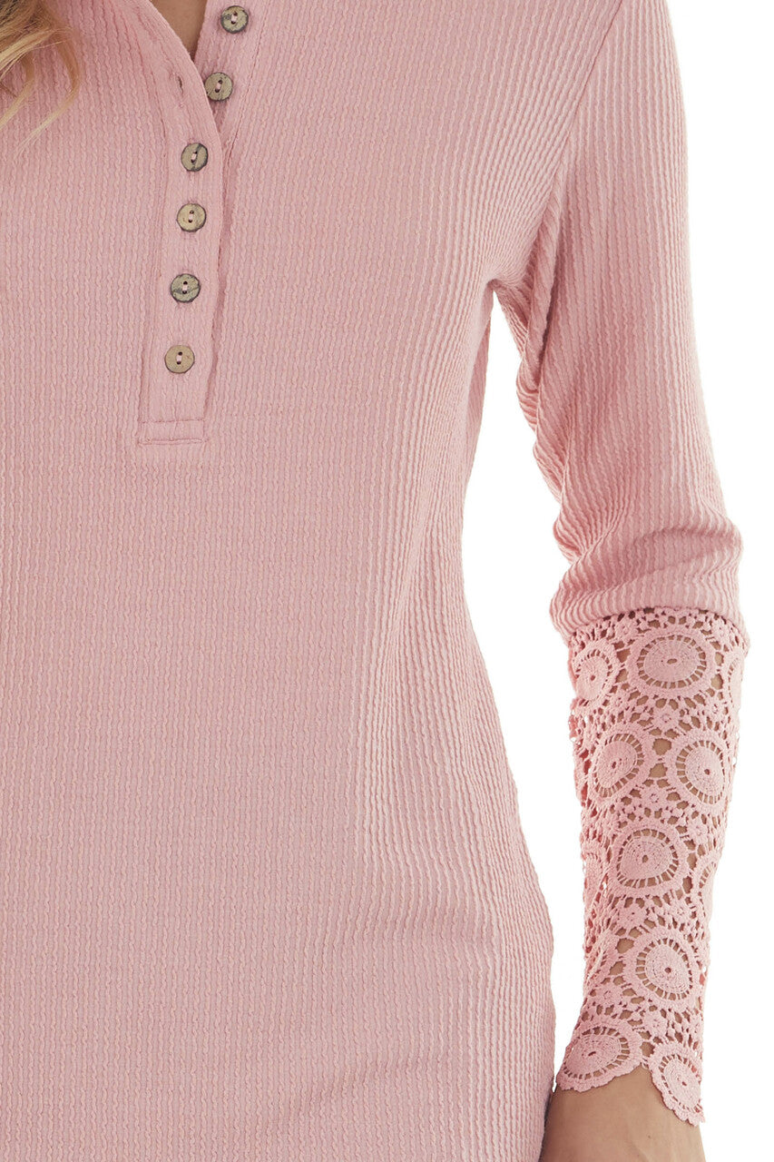 Bubblegum Long Lace Sleeve Ribbed Henley Top