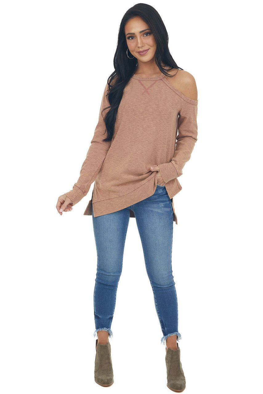 Marsala Two Toned Long Sleeve Top with Cold Shoulder Detail