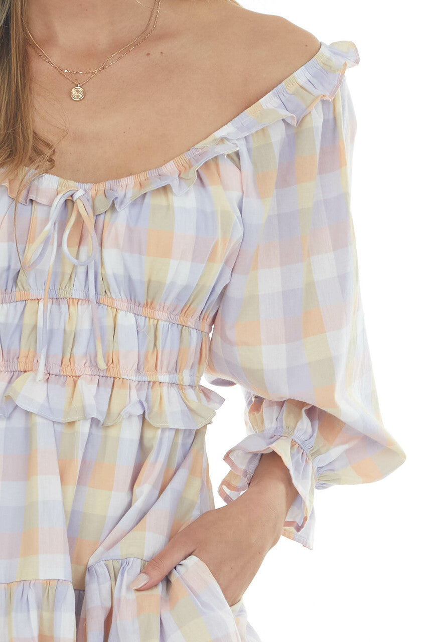 Peach and Lavender Gingham Tiered Short Dress