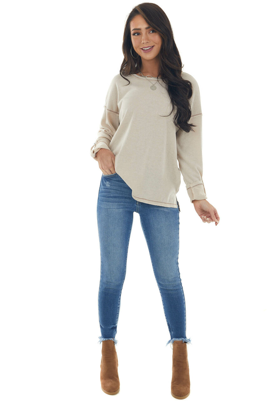 Almond Long Sleeve Top with Leopard Print Back 