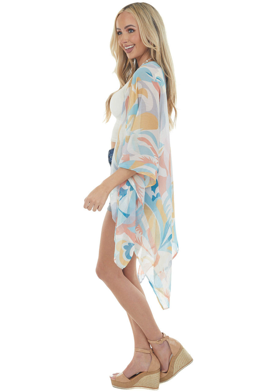 Ivory and Sea Blue Printed Sheer Kimono