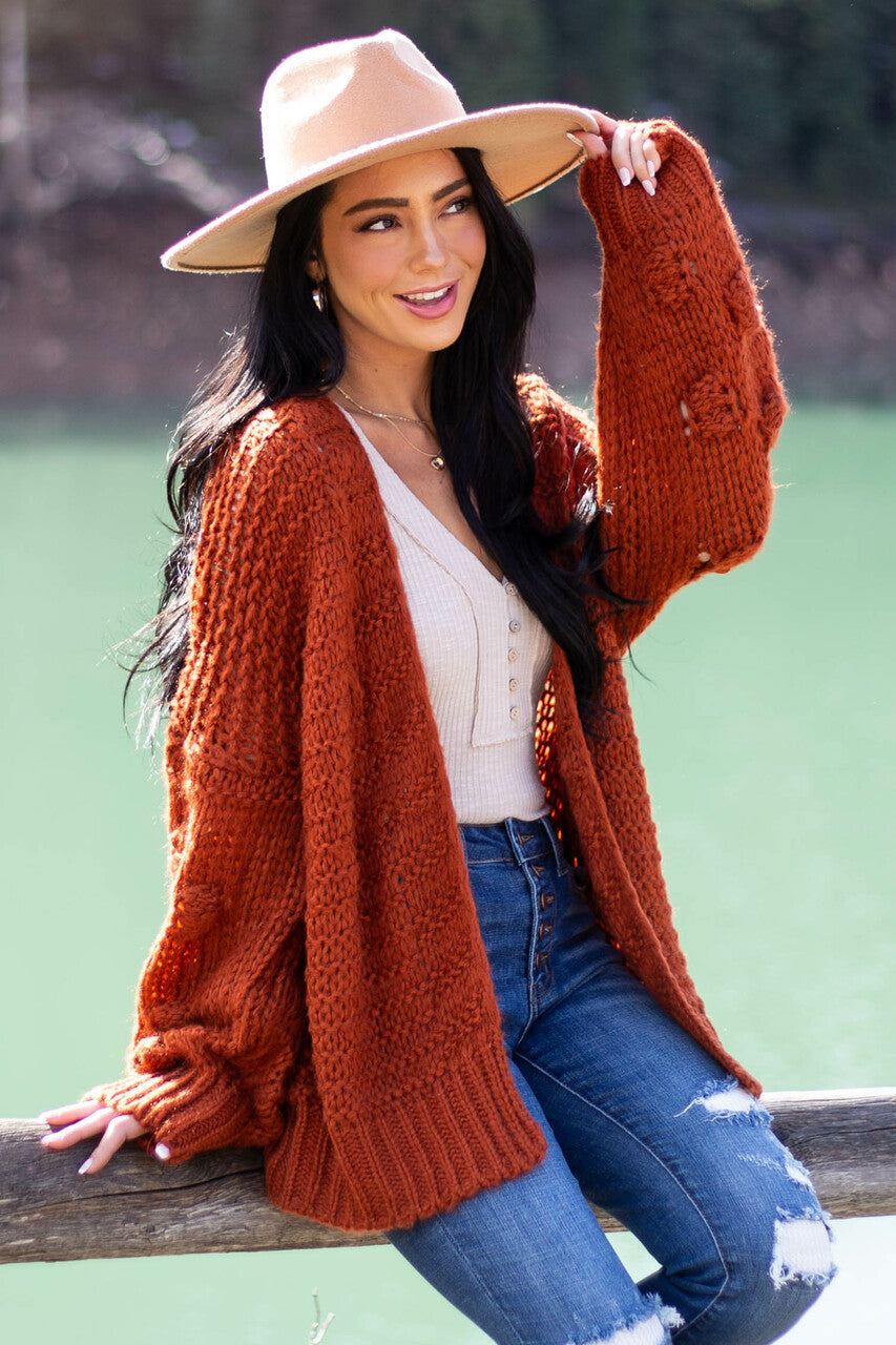 Rust Chunky Knit Cardigan with Long Sleeves