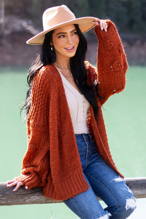 Rust Chunky Knit Cardigan with Long Sleeves