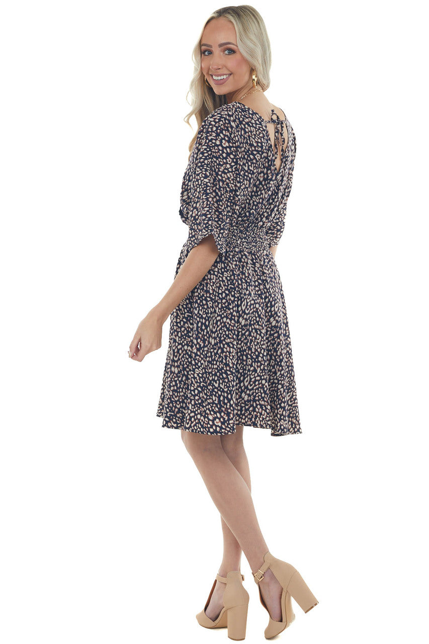 Navy Blue Leopard Print Surplice Half Sleeve Short Dress