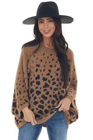 Cognac Leopard Print Oversized Fuzzy Sweater
