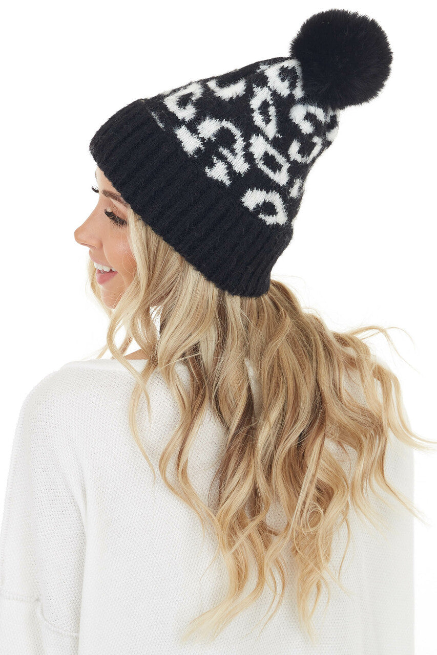 Black and White Leopard Print Beanie with Pom Pom Detail 