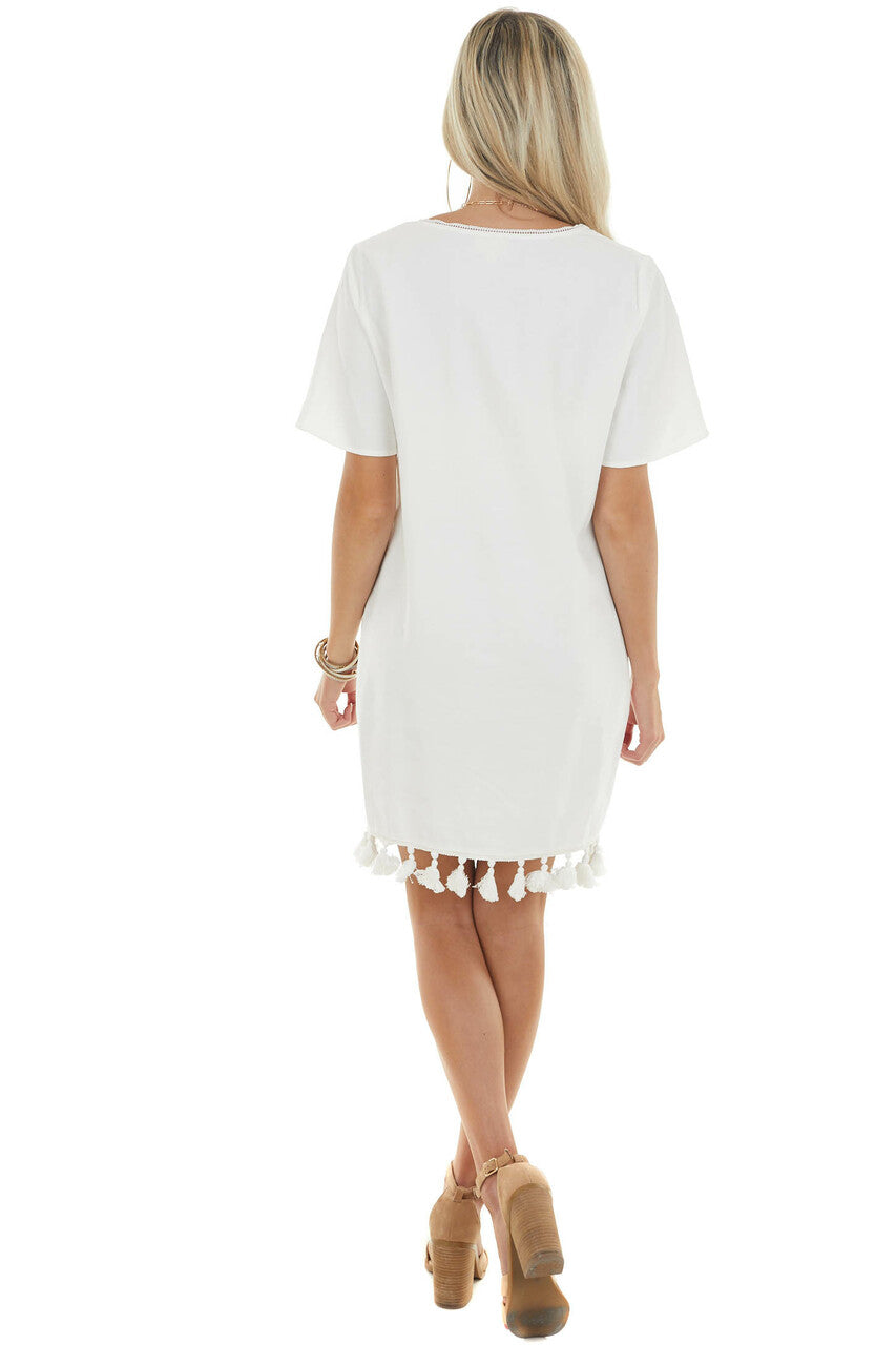 Off White V Neck Mini Dress with Short Sleeves 