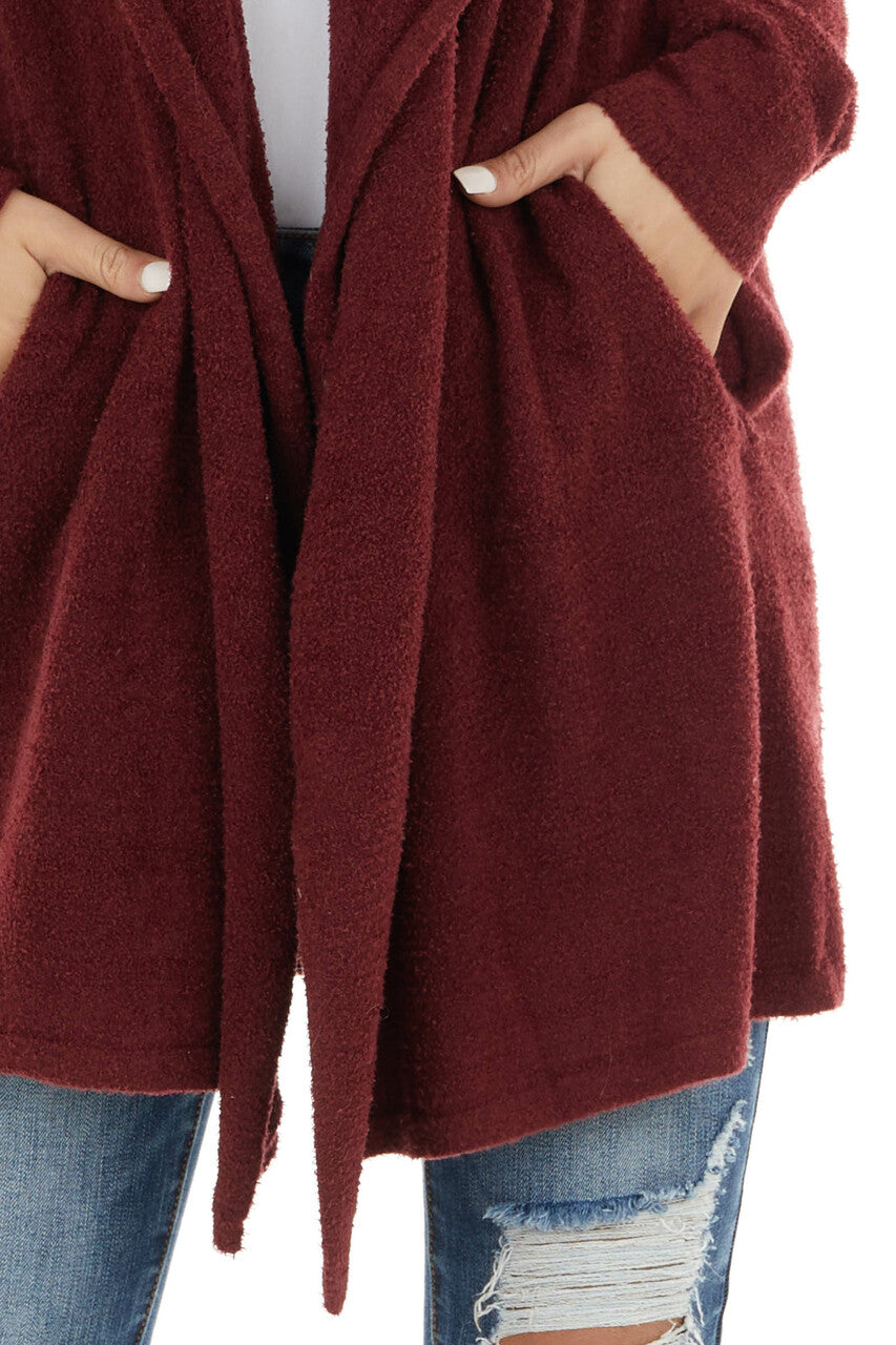 Wine Super Soft Fuzzy Open Front Cardigan with Pockets