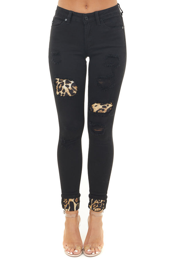 Black Distressed Skinny Jeans with Leopard Patches and Cuffs