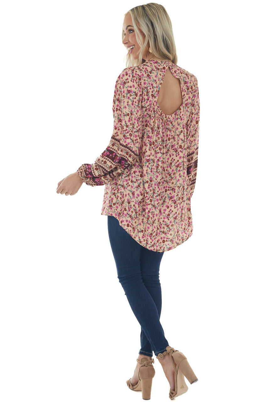 Peach Floral Babydoll Bubble Sleeve Blouse