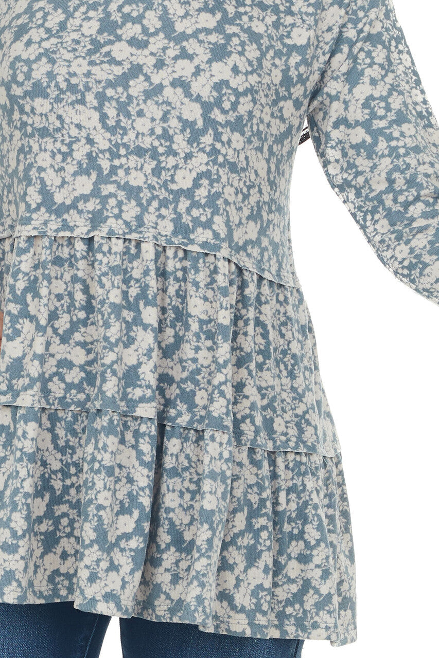 Sea Blue Floral Tiered Super Soft Knit Top