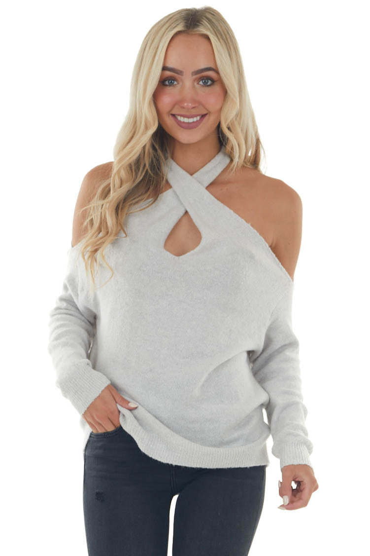 Dove Grey Long Sleeve Halter Neck Lightweight Sweater