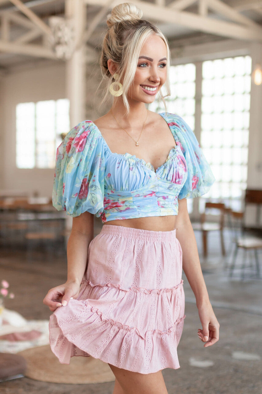 Dusty Blush Eyelet Lace Tiered Short Skirt