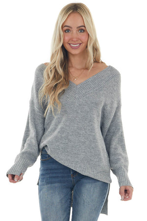 Dove Grey V Neck High Low Hem Ribbed Sweater