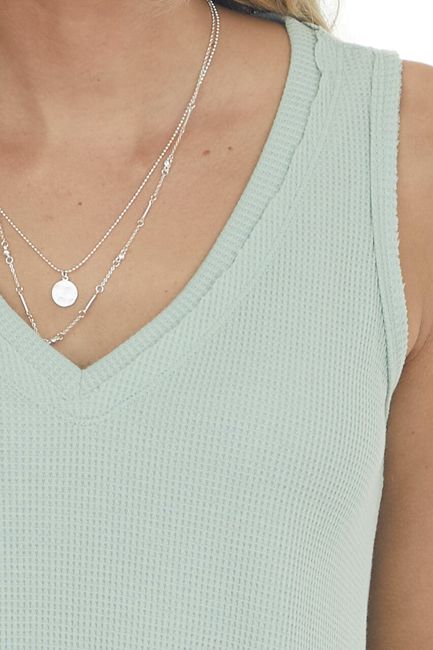 Sage Thermal Knit Tank Top with V Neckline