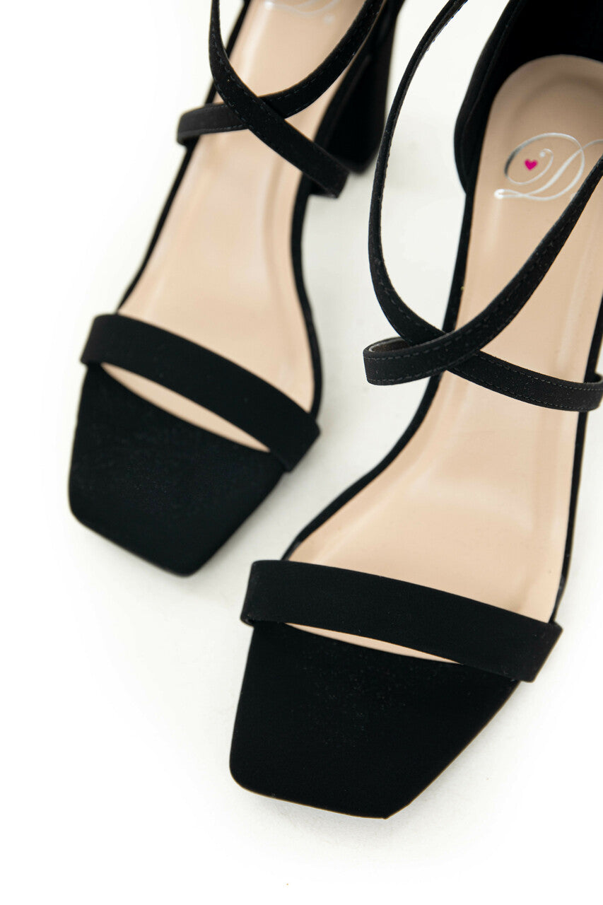 Black Square Toe High Heels with Ankle Strap
