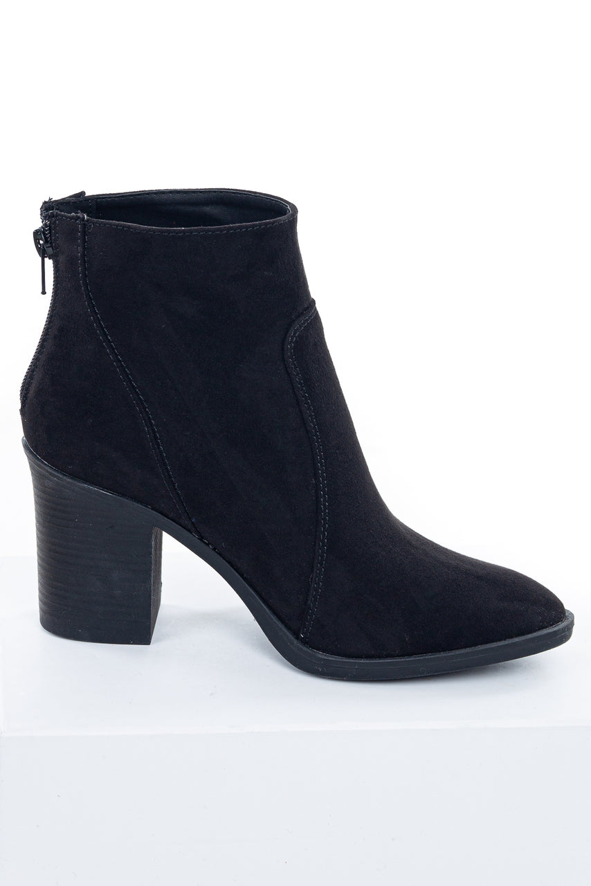 Black Pointed Toe Ankle Suede Booties with Block Heel