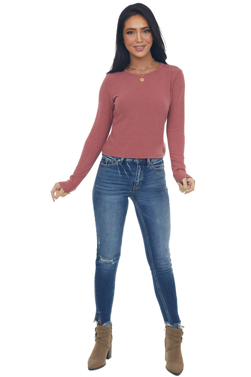 Dark Mauve Long Sleeve Textured Cropped Knit Top