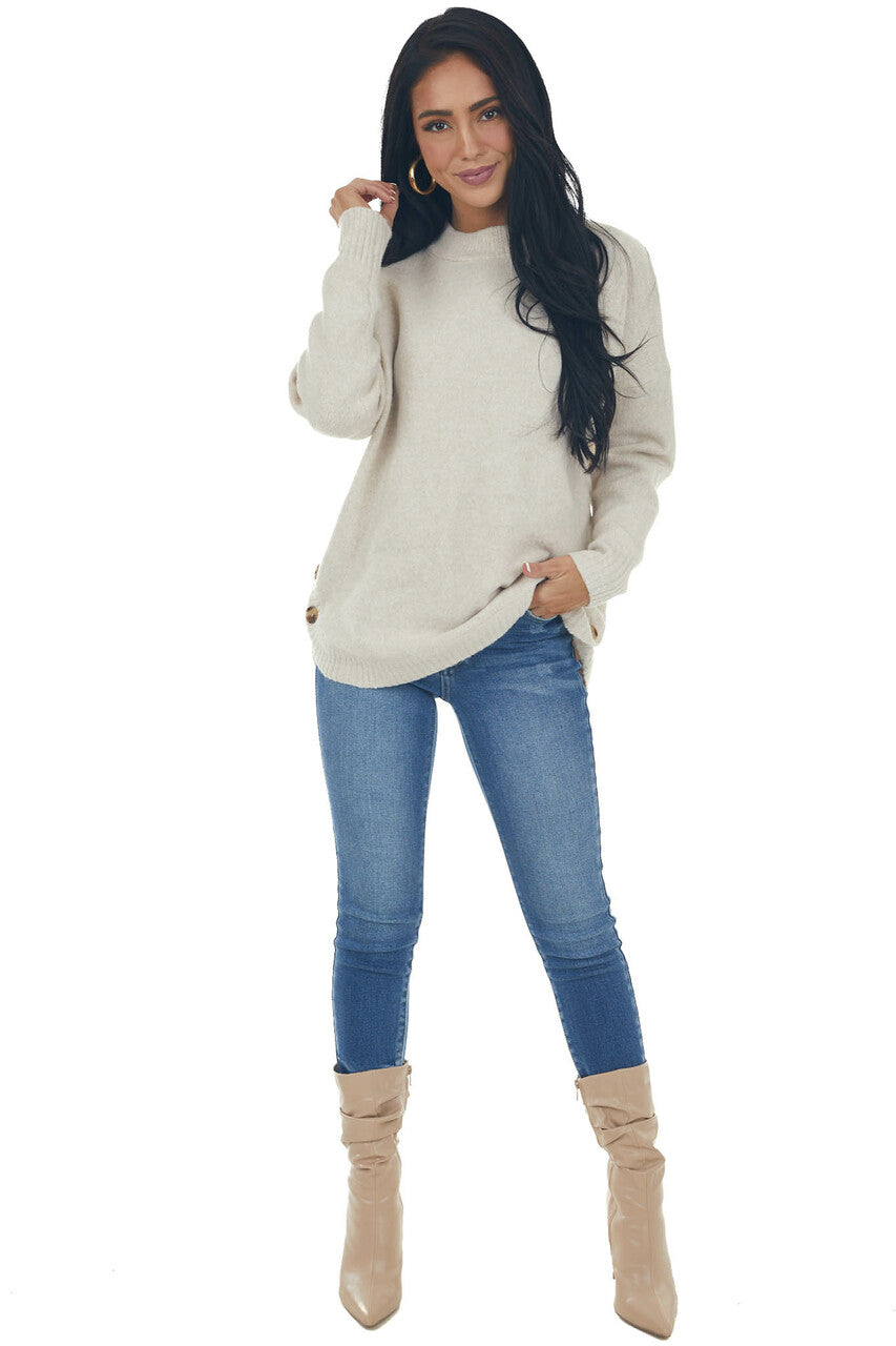 Oatmeal Crew Neck Button Detail Sweater Top