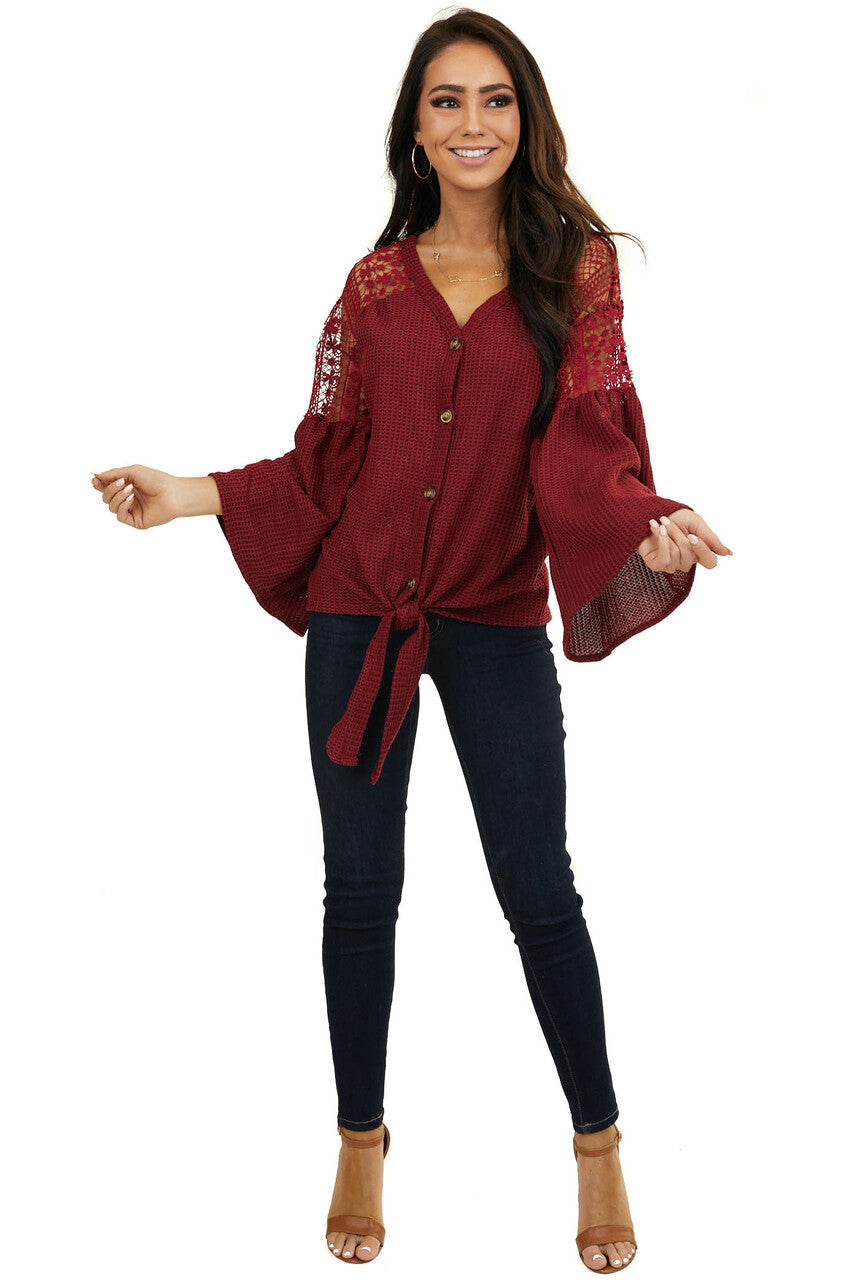 Wine Waffle Knit Top with Long Sleeves and Lace Contrast
