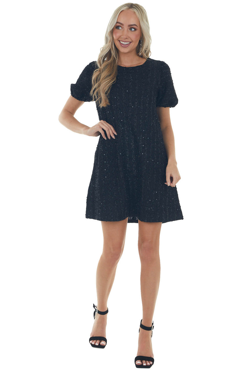 Black Textured Metallic Threaded Shift Dress