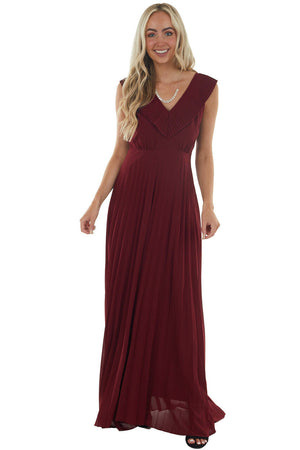 Wine Open Back Pleated Sleeveless Maxi Dress