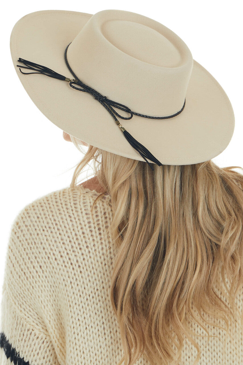 Buttercream Leather Tied Wide Brim Gambler Hat