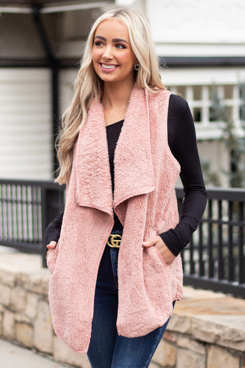 Dusty Punch Fuzzy Open Front Vest with Pockets