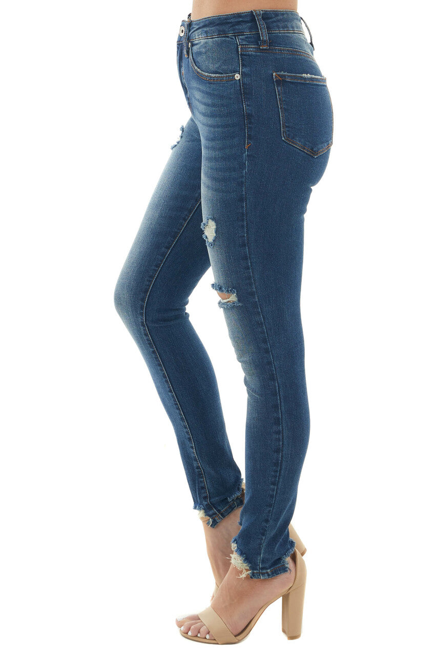 Mid Wash High Rise Shark Bite Hem Skinny Jeans 