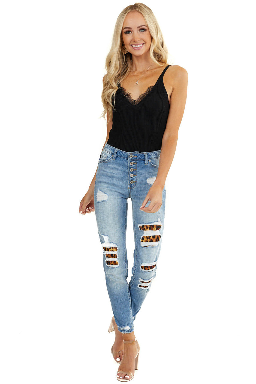 Light Wash Mid Rise Boyfriend Jeans with Leopard Patches 