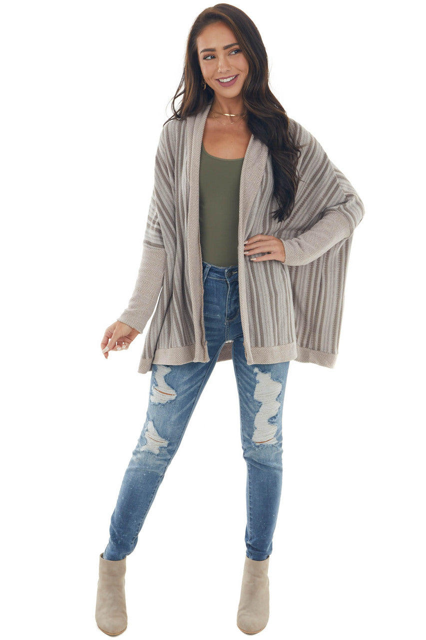 Dark Latte Striped Contrast Trim Cardigan 
