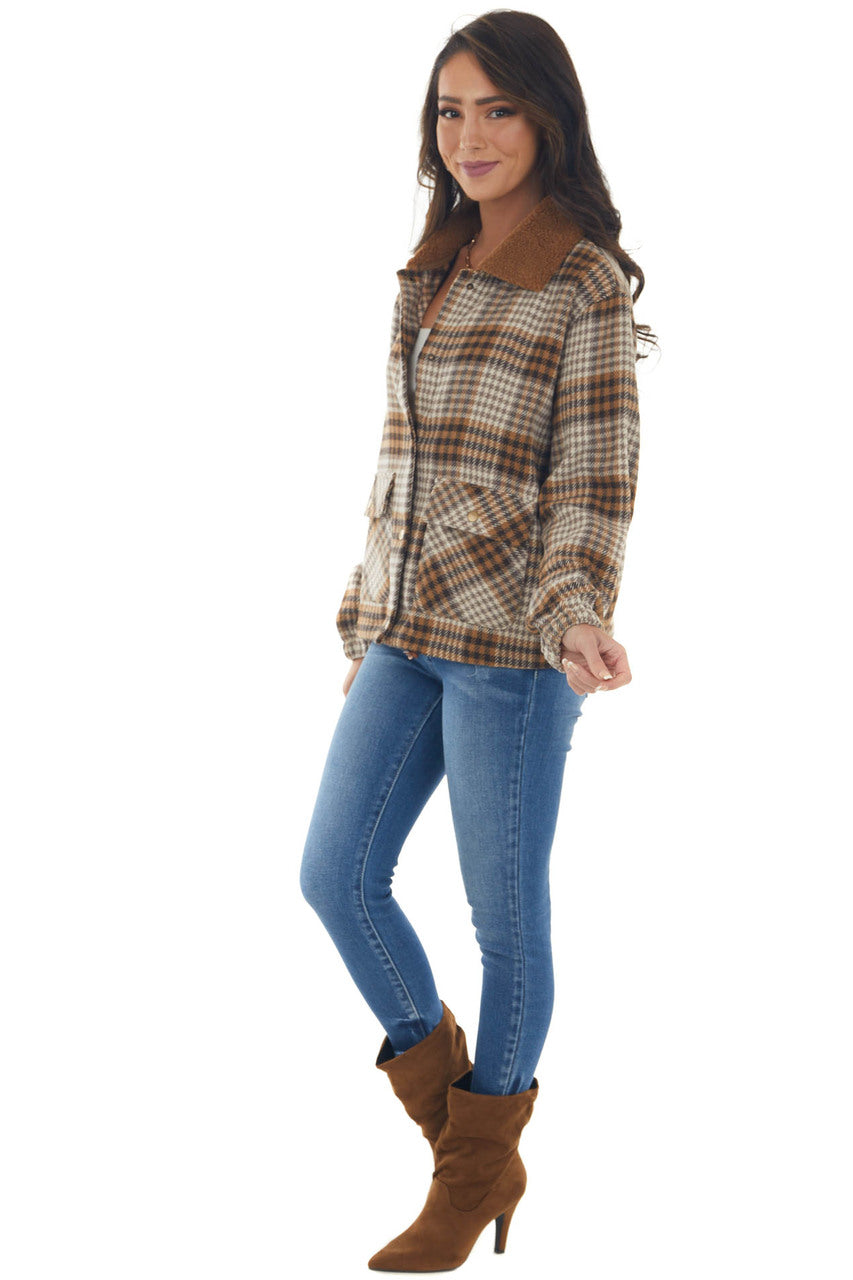 Sepia Plaid Button Up Jacket with Cinch Waist