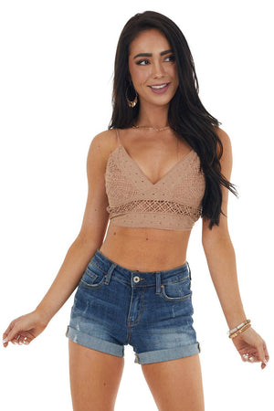 Taupe Cropped Tank Top with Crochet Details