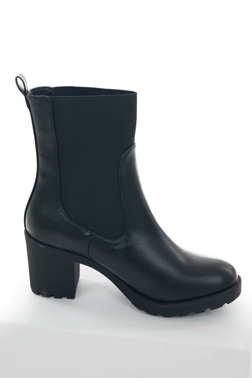 Black Faux Leather Elastic Panel Lug Booties
