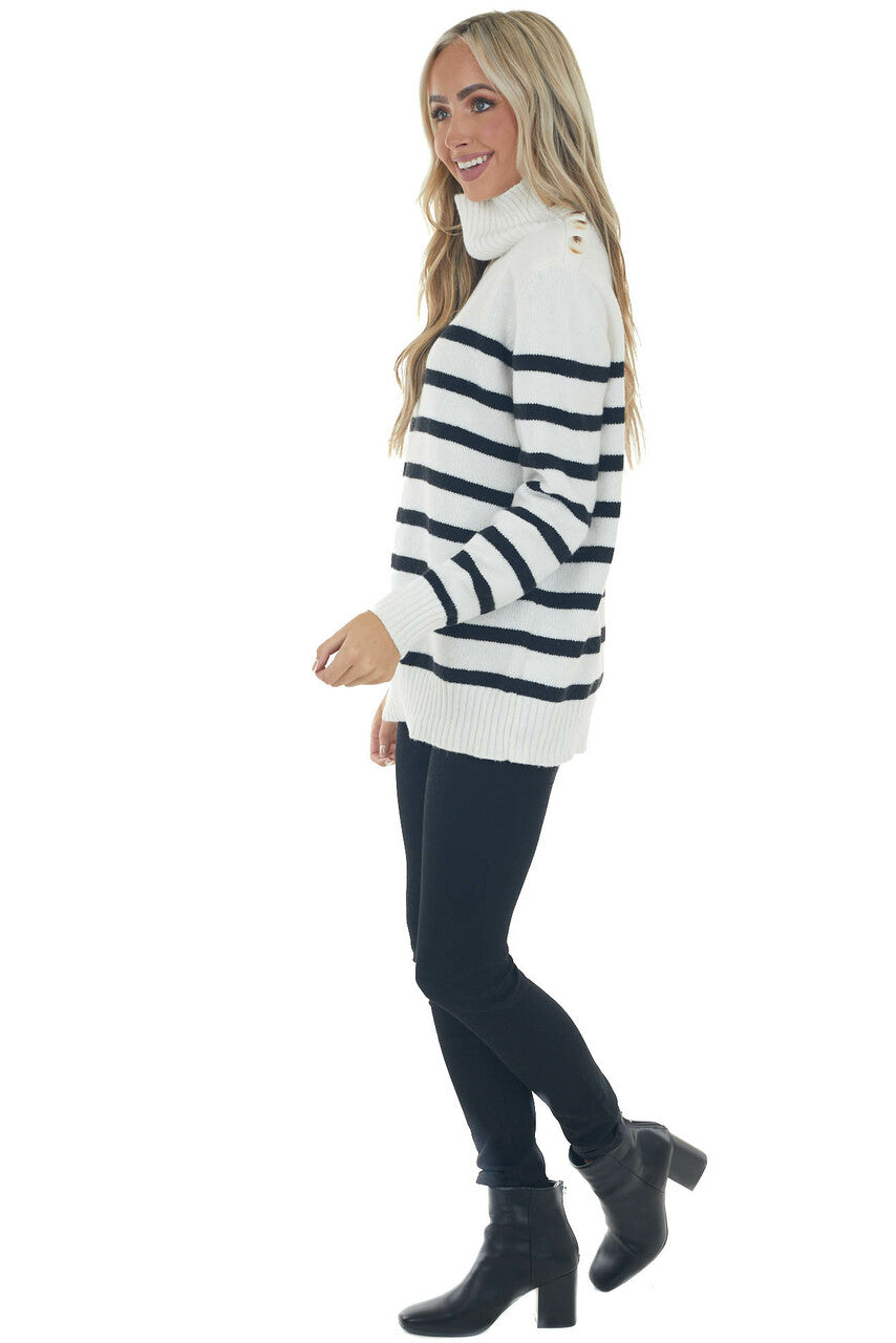 Off White Striped Side Button Up Neck Sweater