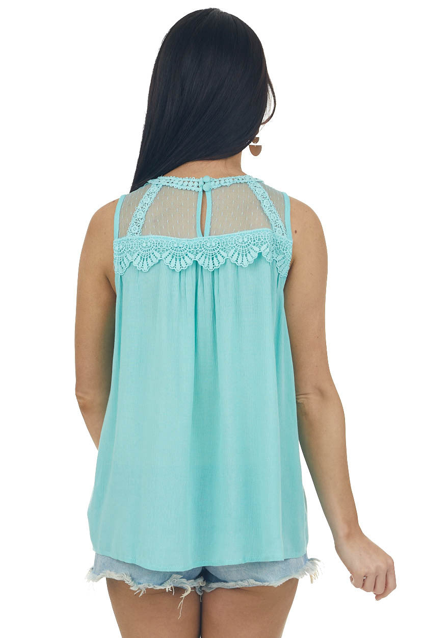 Turquoise Mesh Yoke Crochet Lace Crinkle Blouse