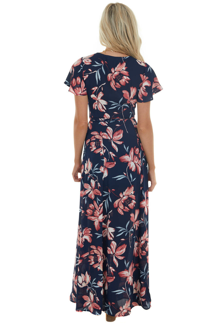 Navy Floral Print Wrap Maxi Dress with Tie 
